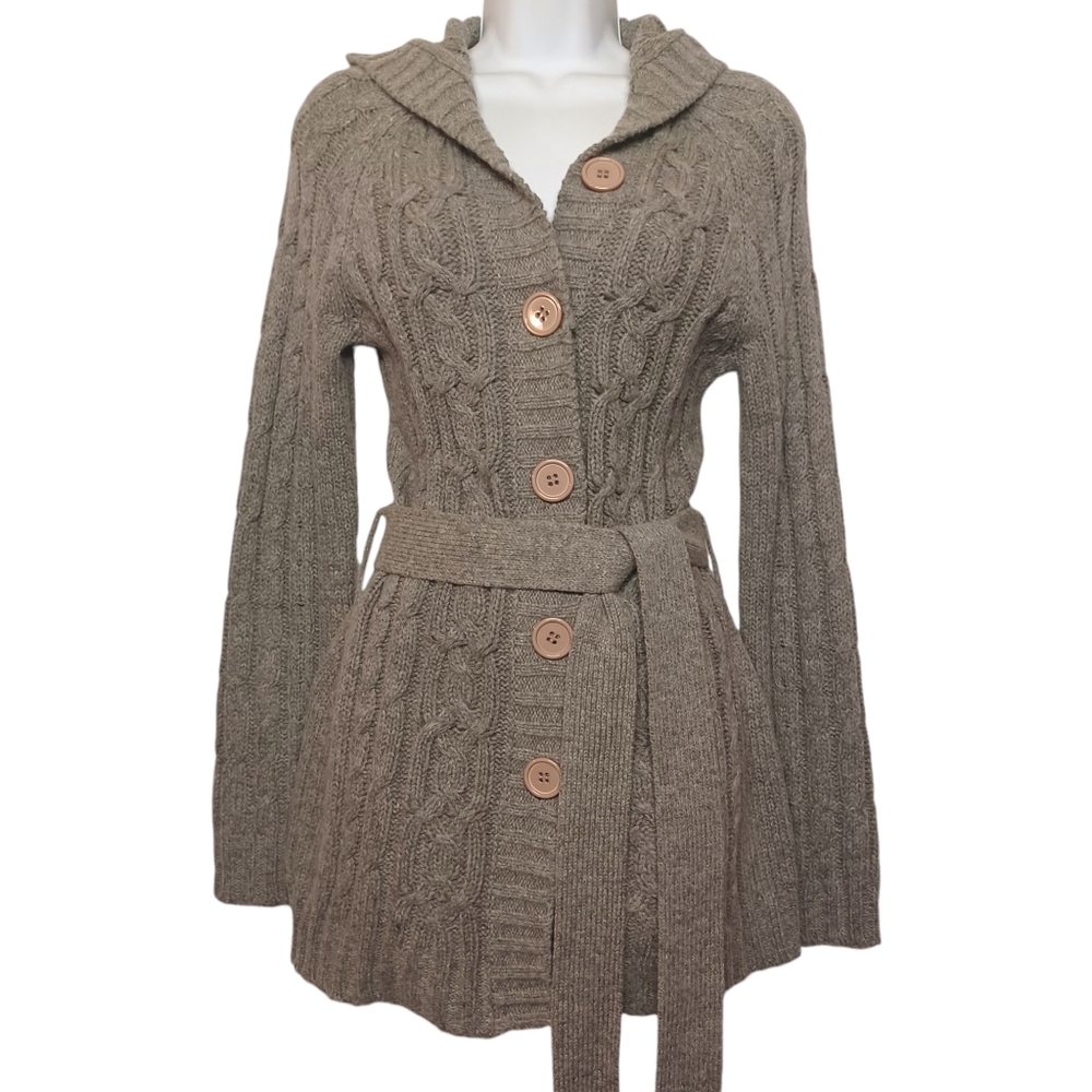 FOREVER 21 Lambs Wool Cable Knit Button Front Long Sleeve Hooded Sweater L NWT